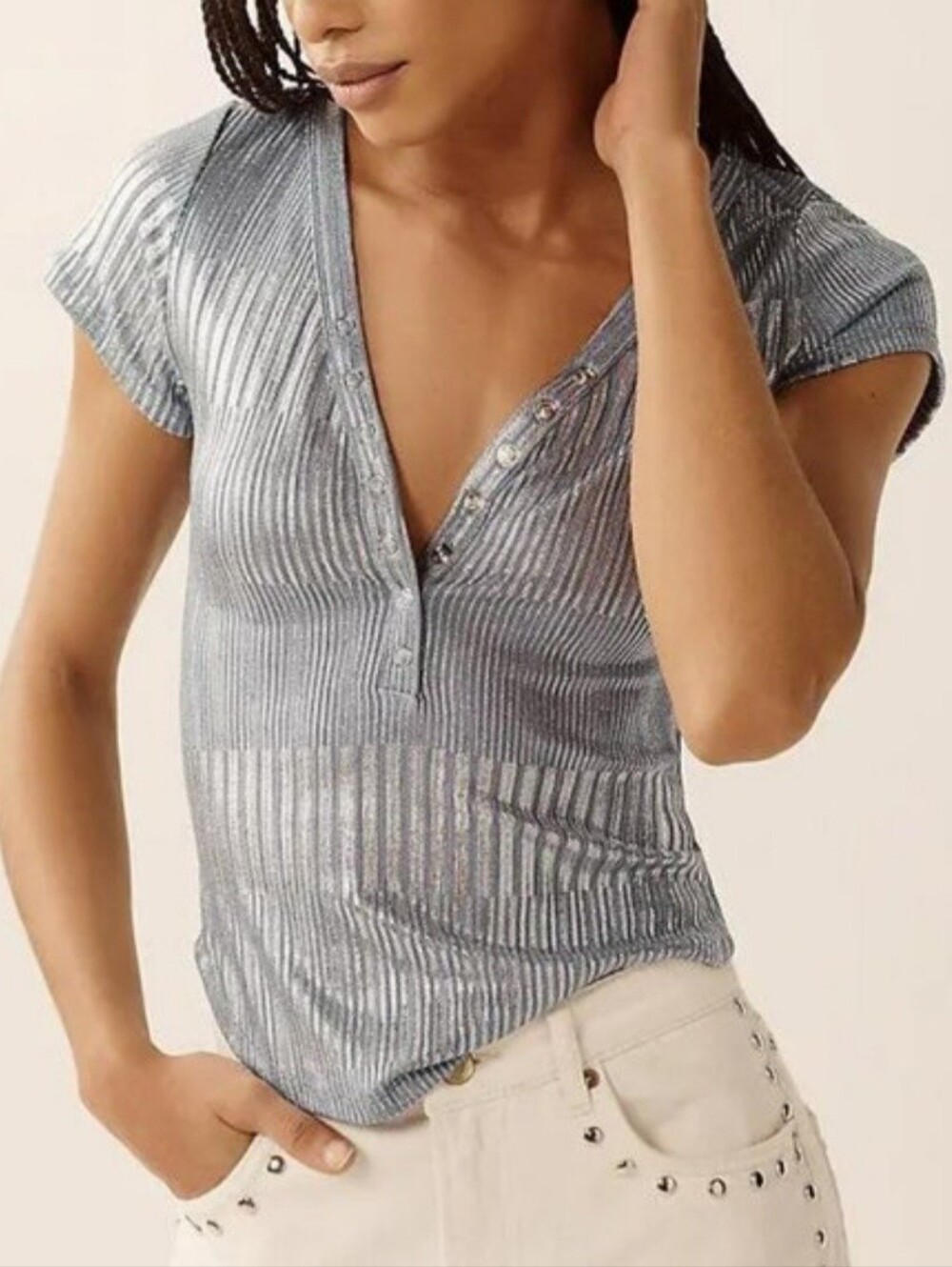 The Andie Scoop Neck Ribbed Henley Top by Pilcro : Shine Edition, Size Small